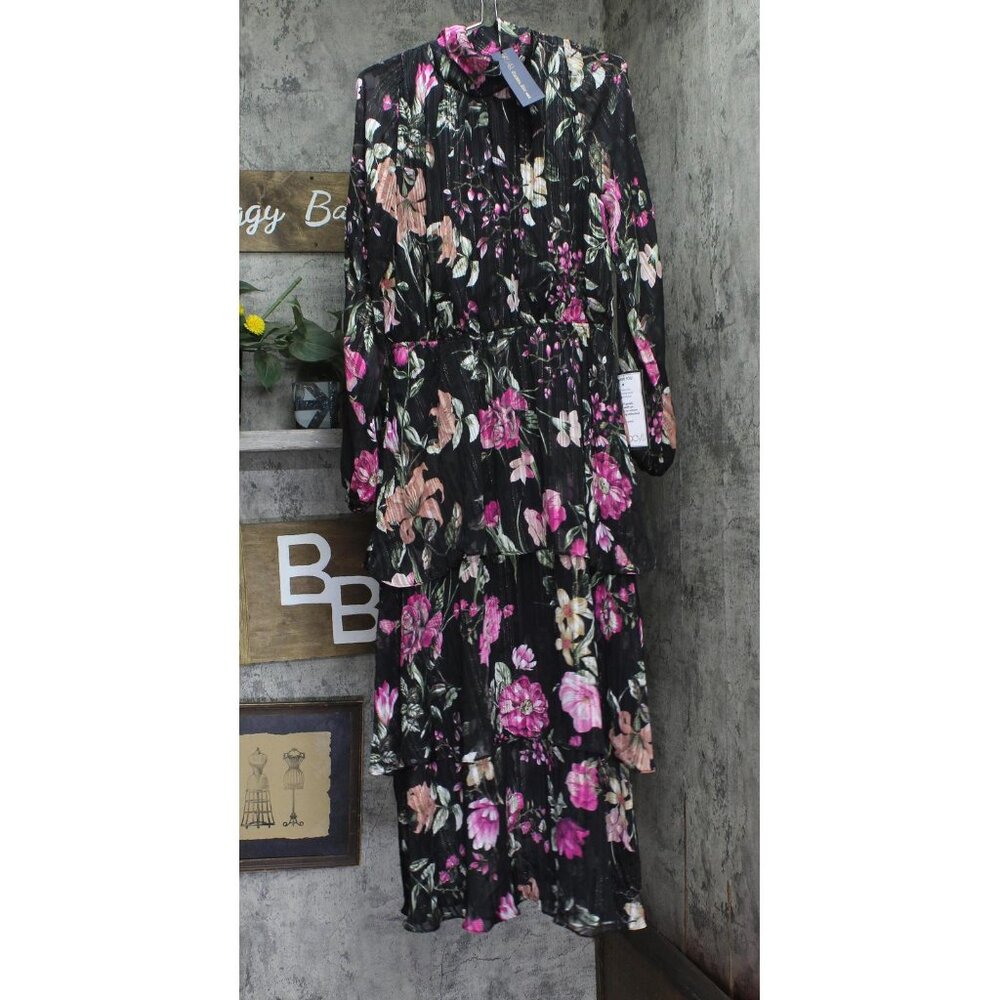 NEW RACHEL by Rachel Roy Mae Printed Tiered Maxi Dress Cascade Garden Black 14